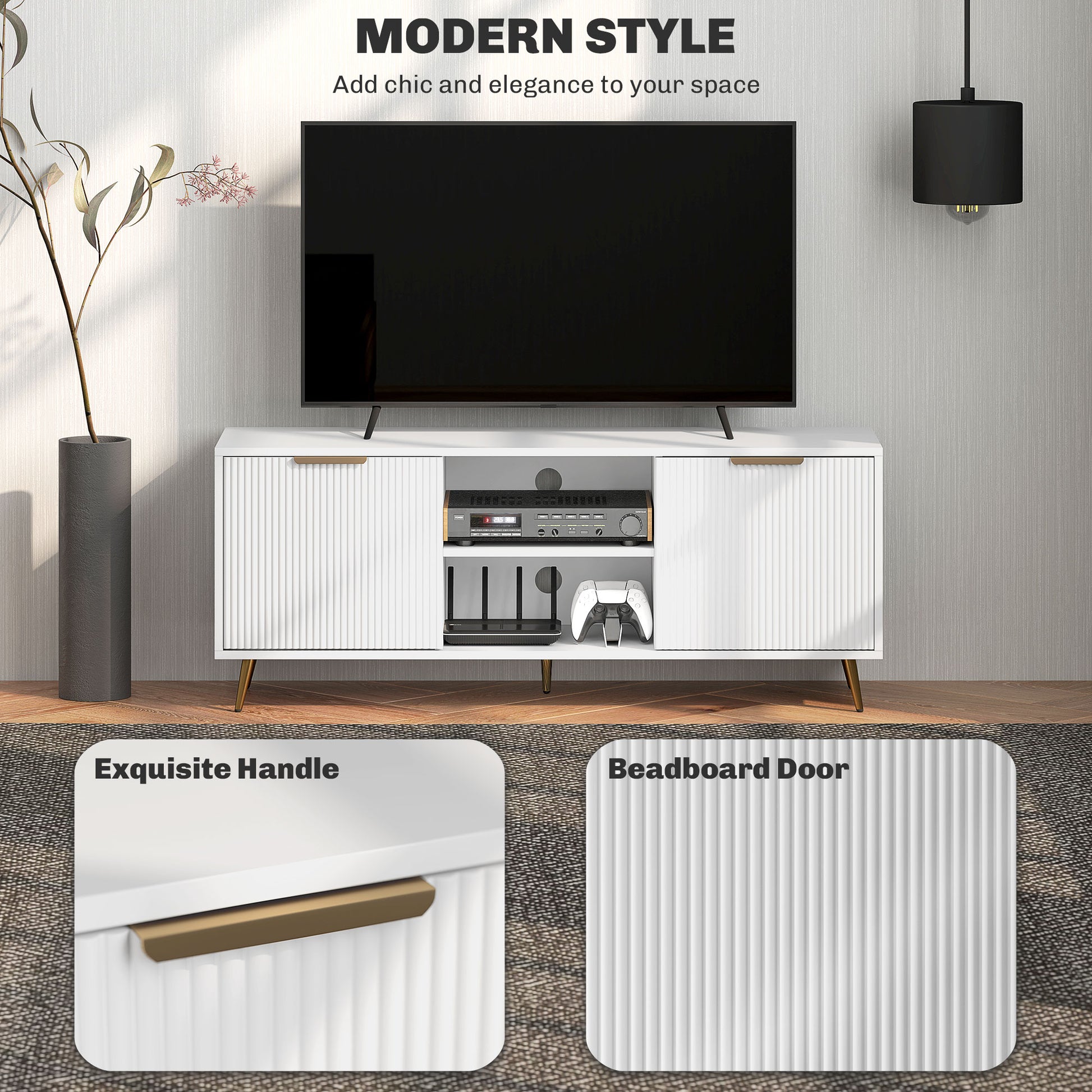 TV Stand with Storage for 55 Inch TV, Modern TV Cabinet with 2 Open Shelves and 2 Cabinets for Living Room, White-Home Furnishings > Living Room Furniture > TV¬†Stands-DECOROLALA