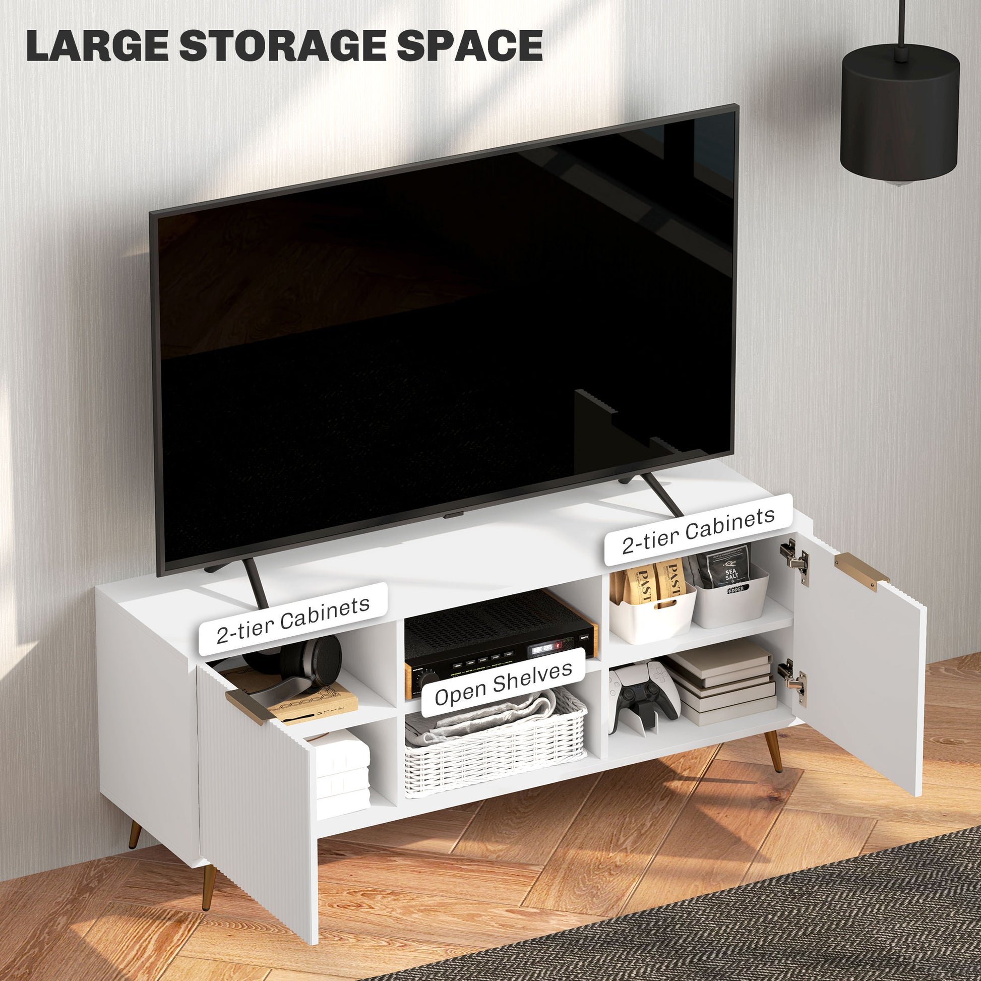 TV Stand with Storage for 55 Inch TV, Modern TV Cabinet with 2 Open Shelves and 2 Cabinets for Living Room, White-Home Furnishings > Living Room Furniture > TV¬†Stands-DECOROLALA