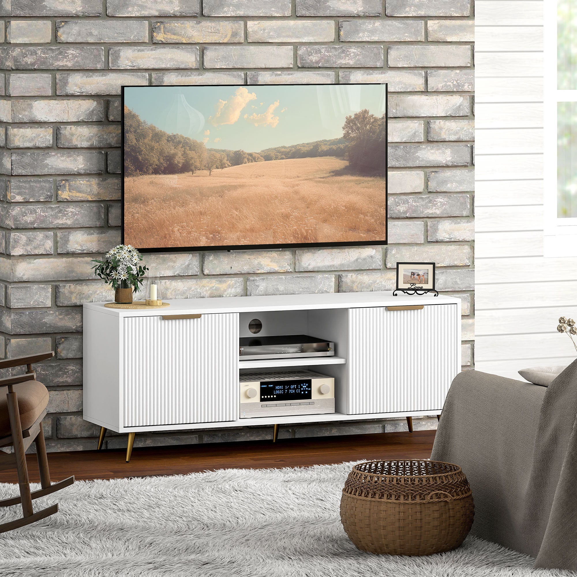 TV Stand with Storage for 55 Inch TV, Modern TV Cabinet with 2 Open Shelves and 2 Cabinets for Living Room, White-Home Furnishings > Living Room Furniture > TV¬†Stands-DECOROLALA