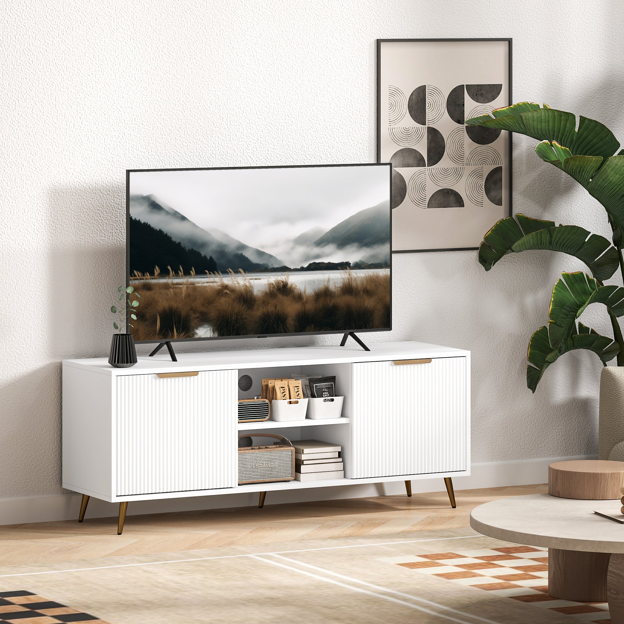 TV Stand with Storage for 55 Inch TV, Modern TV Cabinet with 2 Open Shelves and 2 Cabinets for Living Room, White-Home Furnishings > Living Room Furniture > TV¬†Stands-DECOROLALA