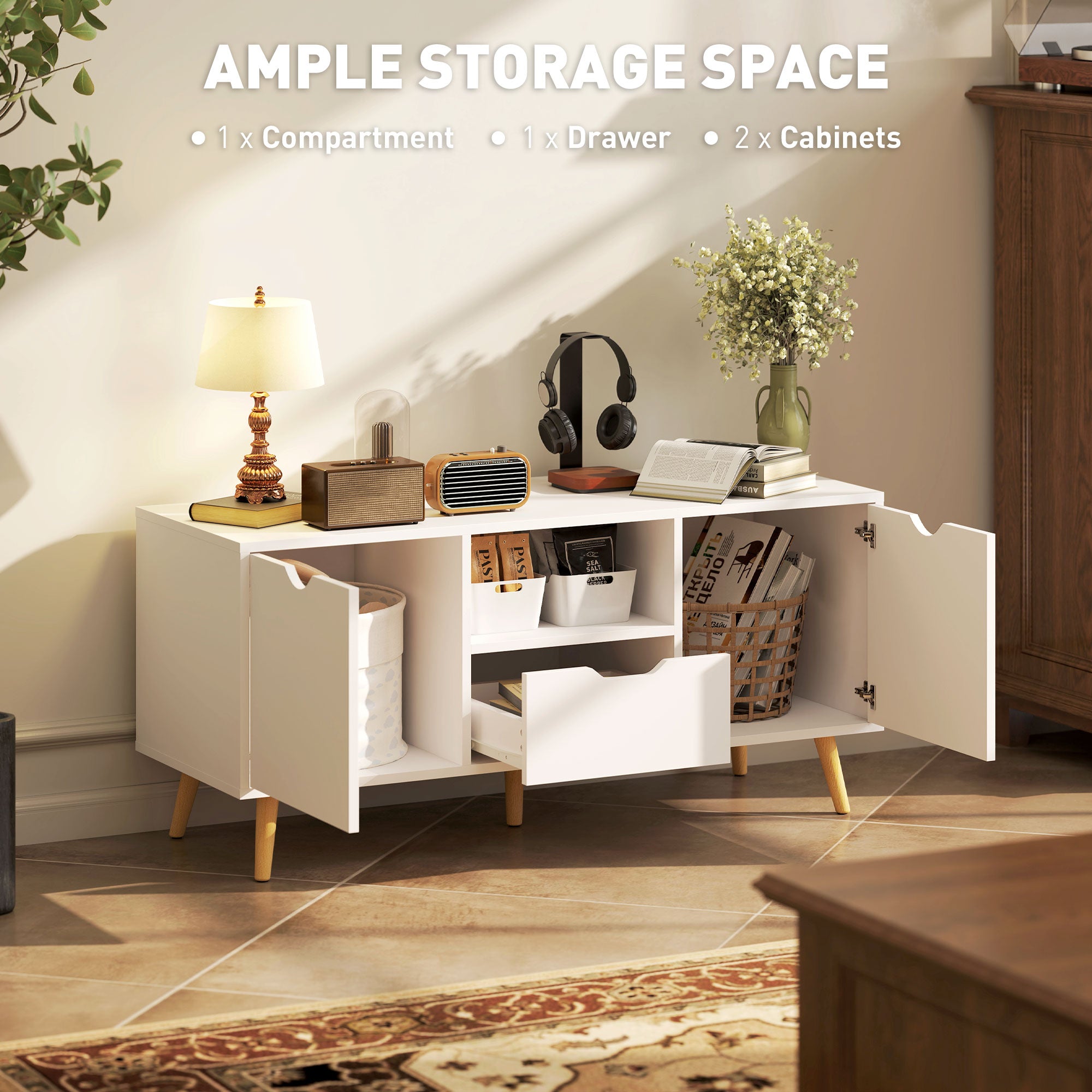 TV Stand with Storage for up to 50" TV, Modern TV Table with Open Shelf, Drawer and 2 Cabinets, White-Home Furnishings > Living Room Furniture > TV¬†Stands-DECOROLALA
