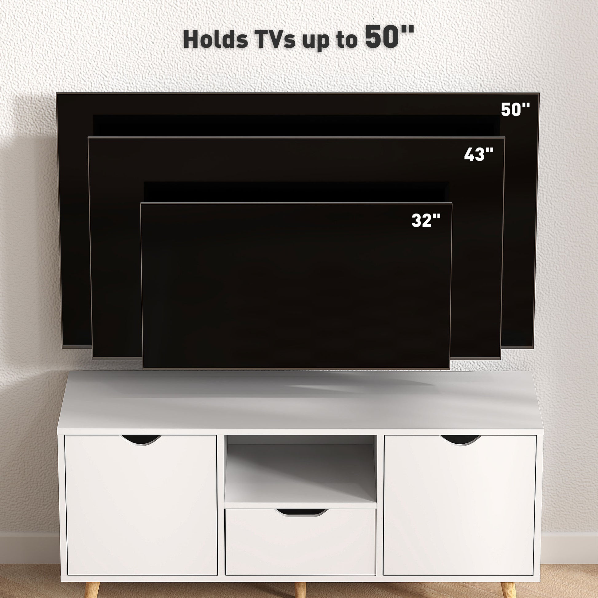 TV Stand with Storage for up to 50" TV, Modern TV Table with Open Shelf, Drawer and 2 Cabinets, White-Home Furnishings > Living Room Furniture > TV¬†Stands-DECOROLALA