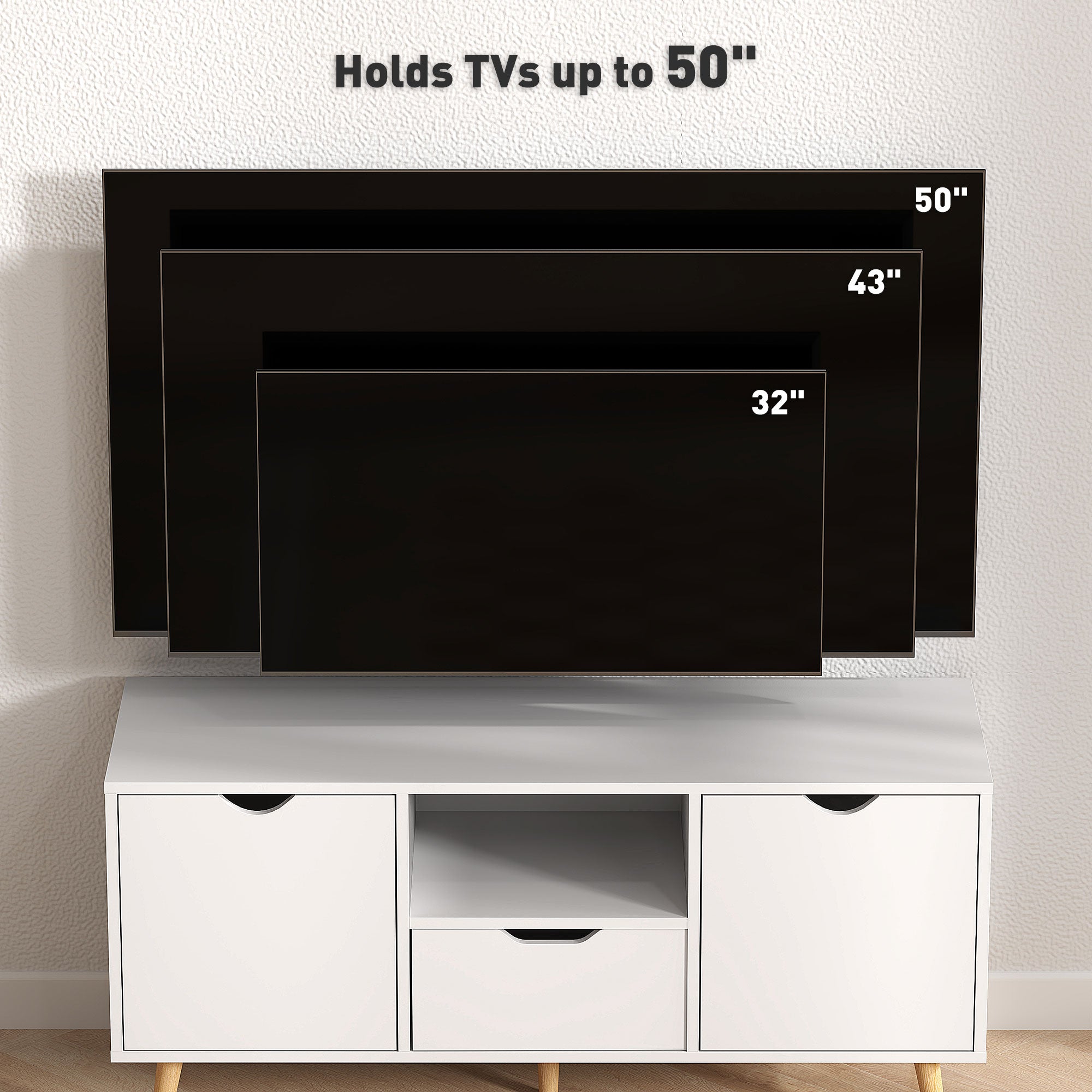 TV Stand with Storage for up to 50" TV, Modern TV Table with Open Shelf, Drawer and 2 Cabinets, White-Home Furnishings > Living Room Furniture > TV¬†Stands-DECOROLALA
