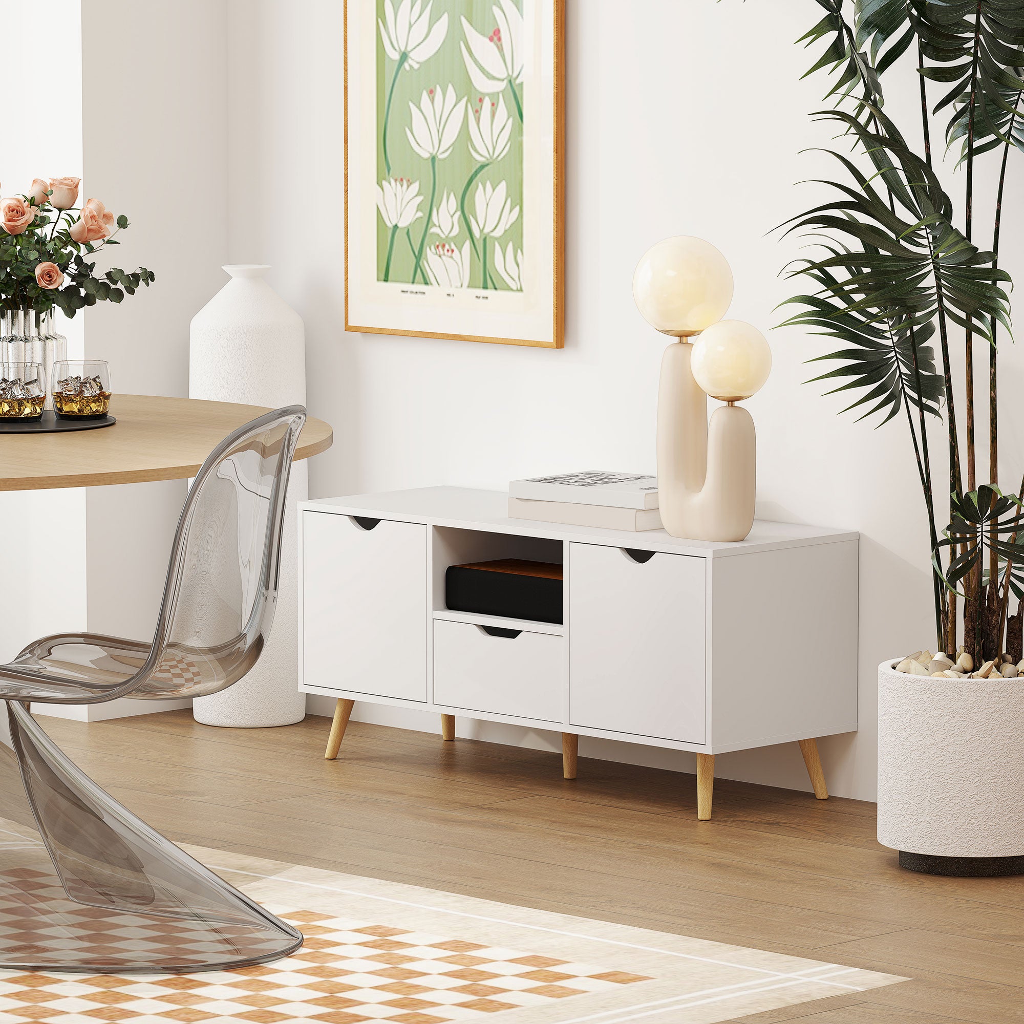 TV Stand with Storage for up to 50" TV, Modern TV Table with Open Shelf, Drawer and 2 Cabinets, White-Home Furnishings > Living Room Furniture > TV¬†Stands-DECOROLALA
