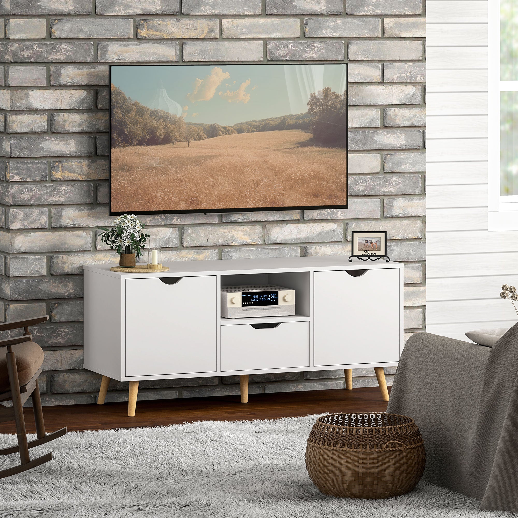 TV Stand with Storage for up to 50" TV, Modern TV Table with Open Shelf, Drawer and 2 Cabinets, White-Home Furnishings > Living Room Furniture > TV¬†Stands-DECOROLALA