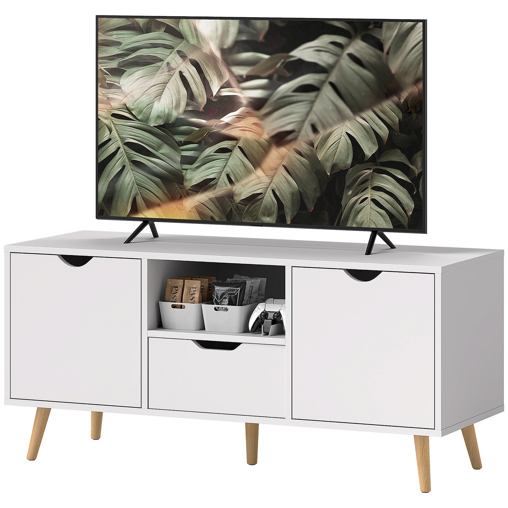 TV Stand with Storage for up to 50" TV, Modern TV Table with Open Shelf, Drawer and 2 Cabinets, White-Home Furnishings > Living Room Furniture > TV¬†Stands-DECOROLALA