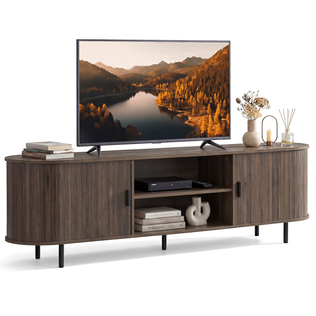 TV Stand for 80 Inch TVs Mid Century Modern Entertainment Center with Fluted Sliding Doors-Walnut-Entertainment Centers & TV Stands-DECOROLALA