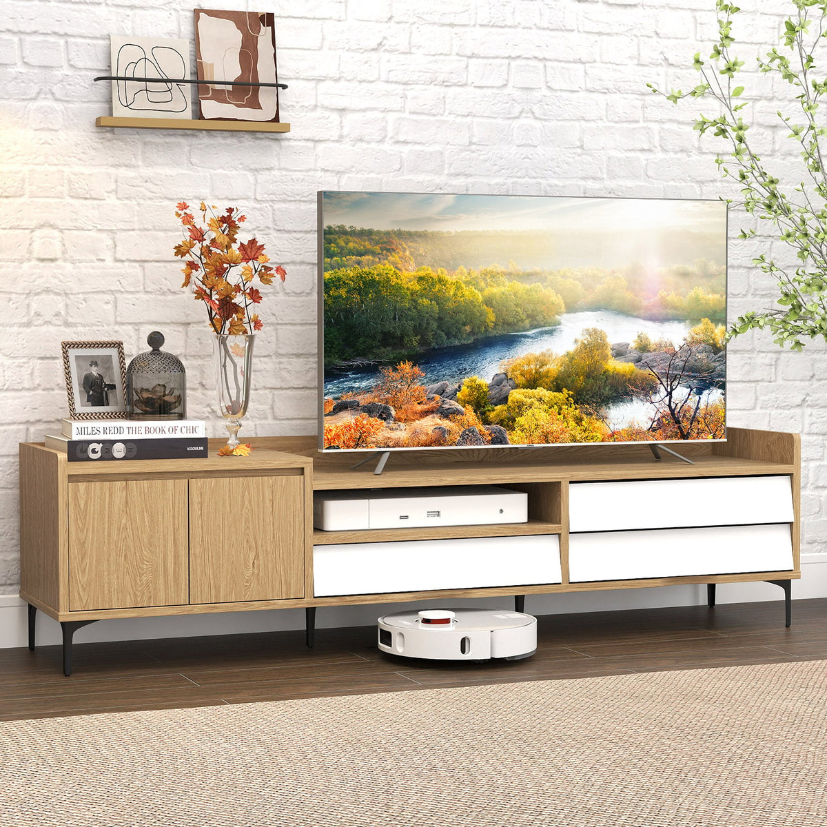 TV Stand for TVs up to 80 Inch Mid Century Modern Entertainment Center with Storage Cabinet-Natural-Entertainment Centers & TV Stands-DECOROLALA