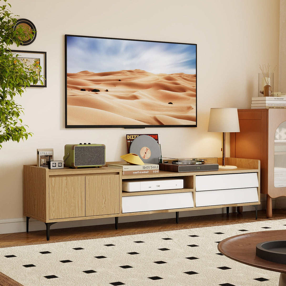 TV Stand for TVs up to 80 Inch Mid Century Modern Entertainment Center with Storage Cabinet-Natural-Entertainment Centers & TV Stands-DECOROLALA