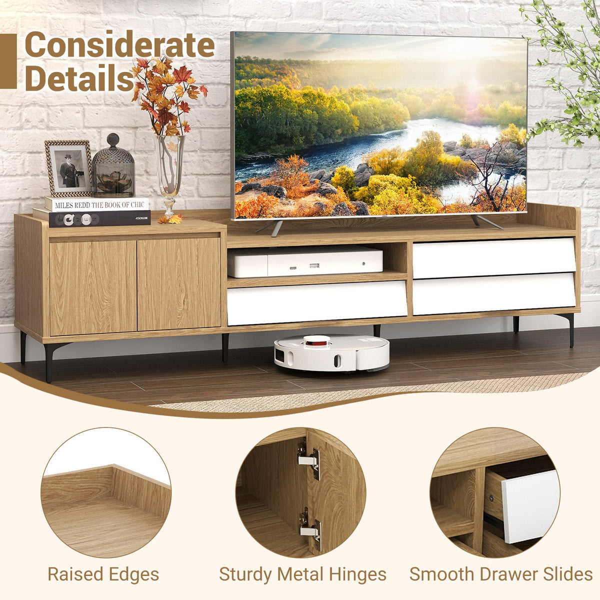 TV Stand for TVs up to 80 Inch Mid Century Modern Entertainment Center with Storage Cabinet-Natural-Entertainment Centers & TV Stands-DECOROLALA
