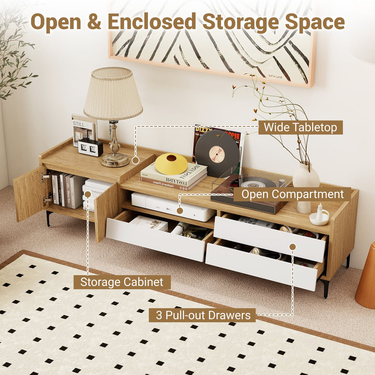 TV Stand for TVs up to 80 Inch Mid Century Modern Entertainment Center with Storage Cabinet-Natural-Entertainment Centers & TV Stands-DECOROLALA