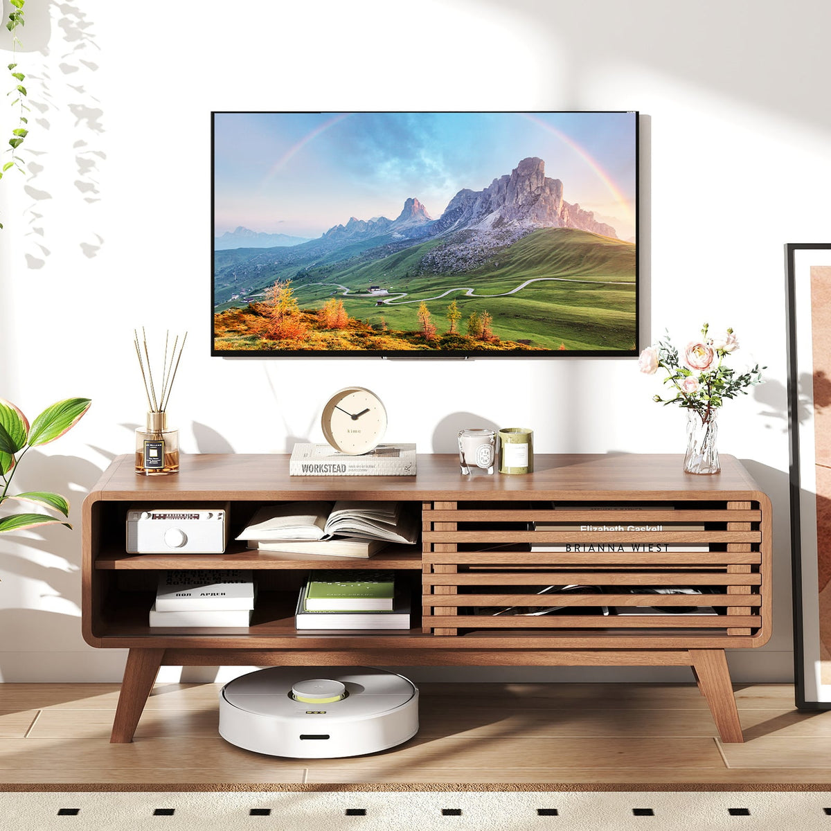 TV Stand for TVs up to 55" with Sliding Door and Adjustable Shelves for Living Room-Brown-Entertainment Centers & TV Stands-DECOROLALA