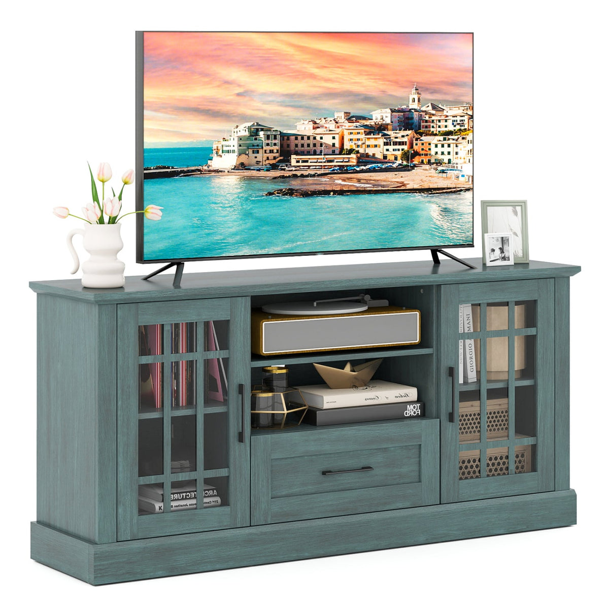 TV Stand for TVs up to 70 with Glass Doors Cubbies and Drawer-Green-Entertainment Centers & TV Stands-DECOROLALA
