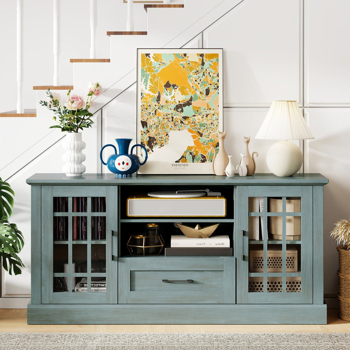 TV Stand for TVs up to 70 with Glass Doors Cubbies and Drawer-Green-Entertainment Centers & TV Stands-DECOROLALA