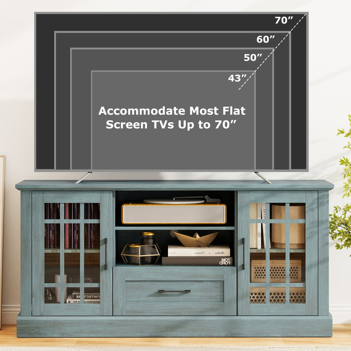 TV Stand for TVs up to 70 with Glass Doors Cubbies and Drawer-Green-Entertainment Centers & TV Stands-DECOROLALA