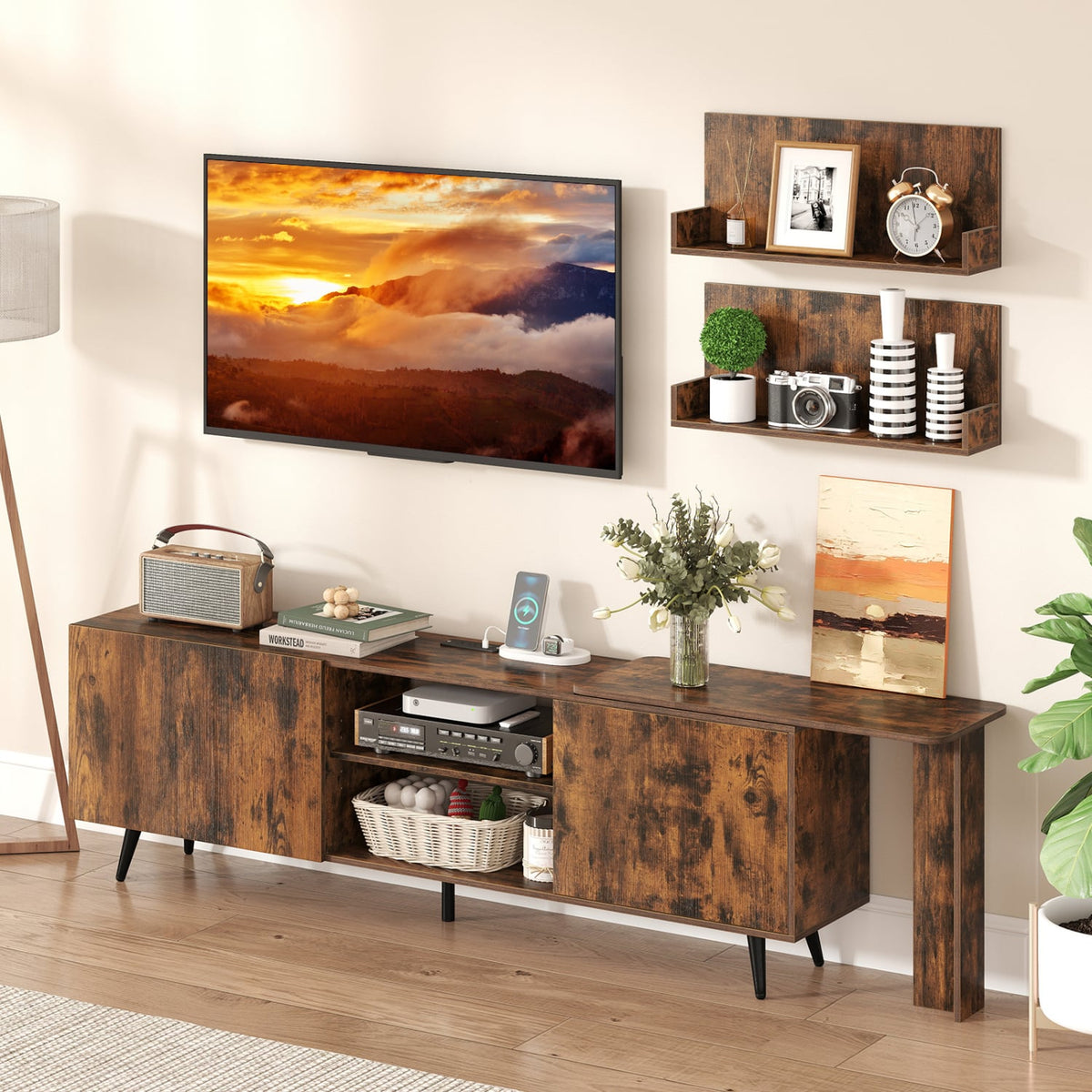 TV Stand for TVs up to 85 Inch with 2 Wall Shelves and Charging Station- Brown-Entertainment Centers & TV Stands-DECOROLALA