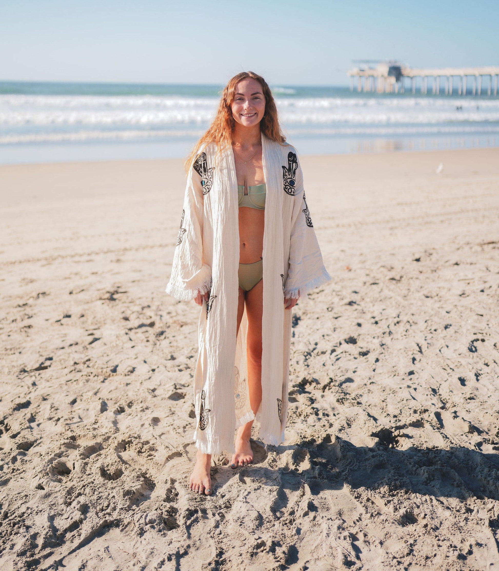 MUSLIN COTTON KIMONO BATHROBE HAMSA HAND PRINT-Bathrobe-DECOROLALA