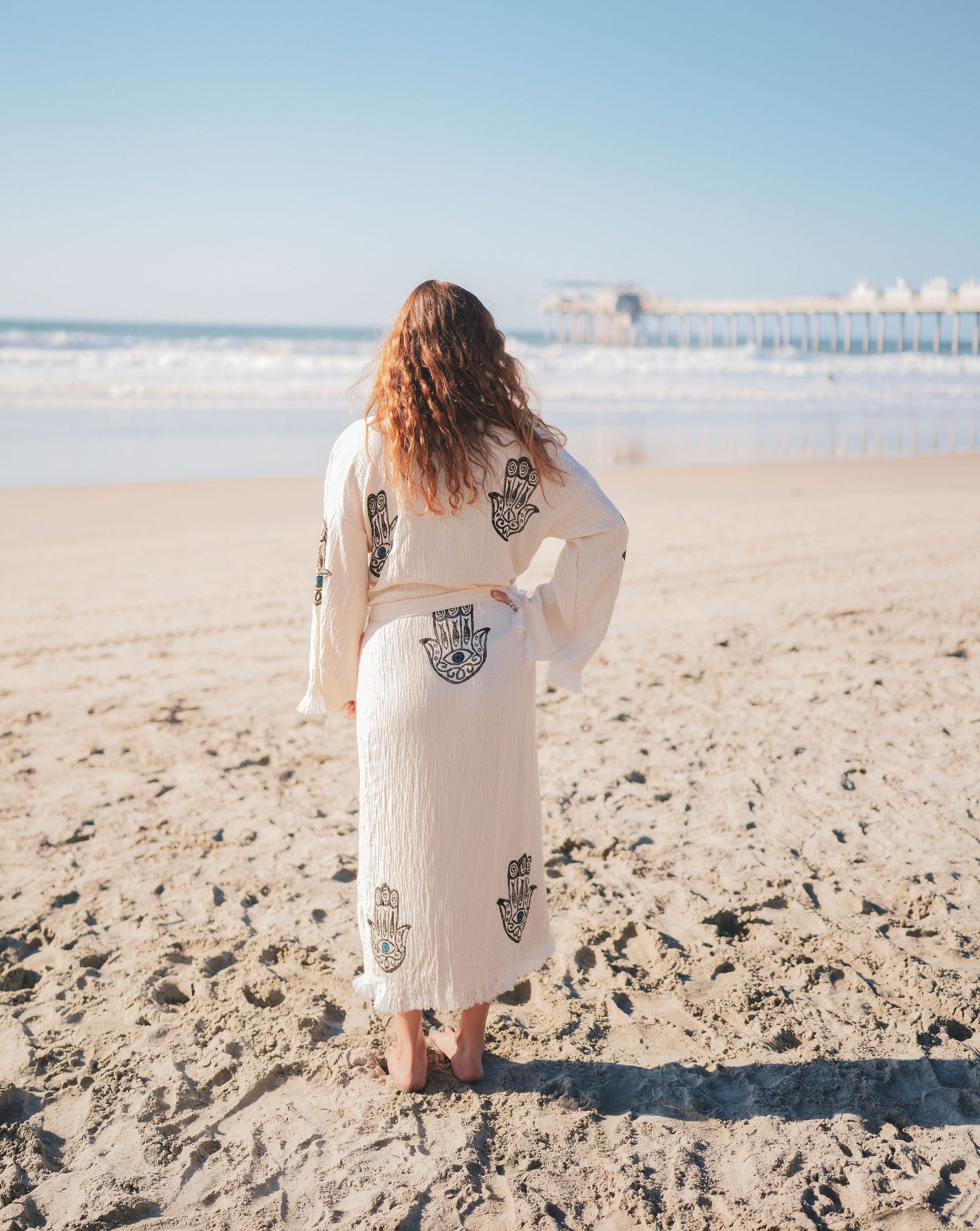 MUSLIN COTTON KIMONO BATHROBE HAMSA HAND PRINT-Bathrobe-DECOROLALA