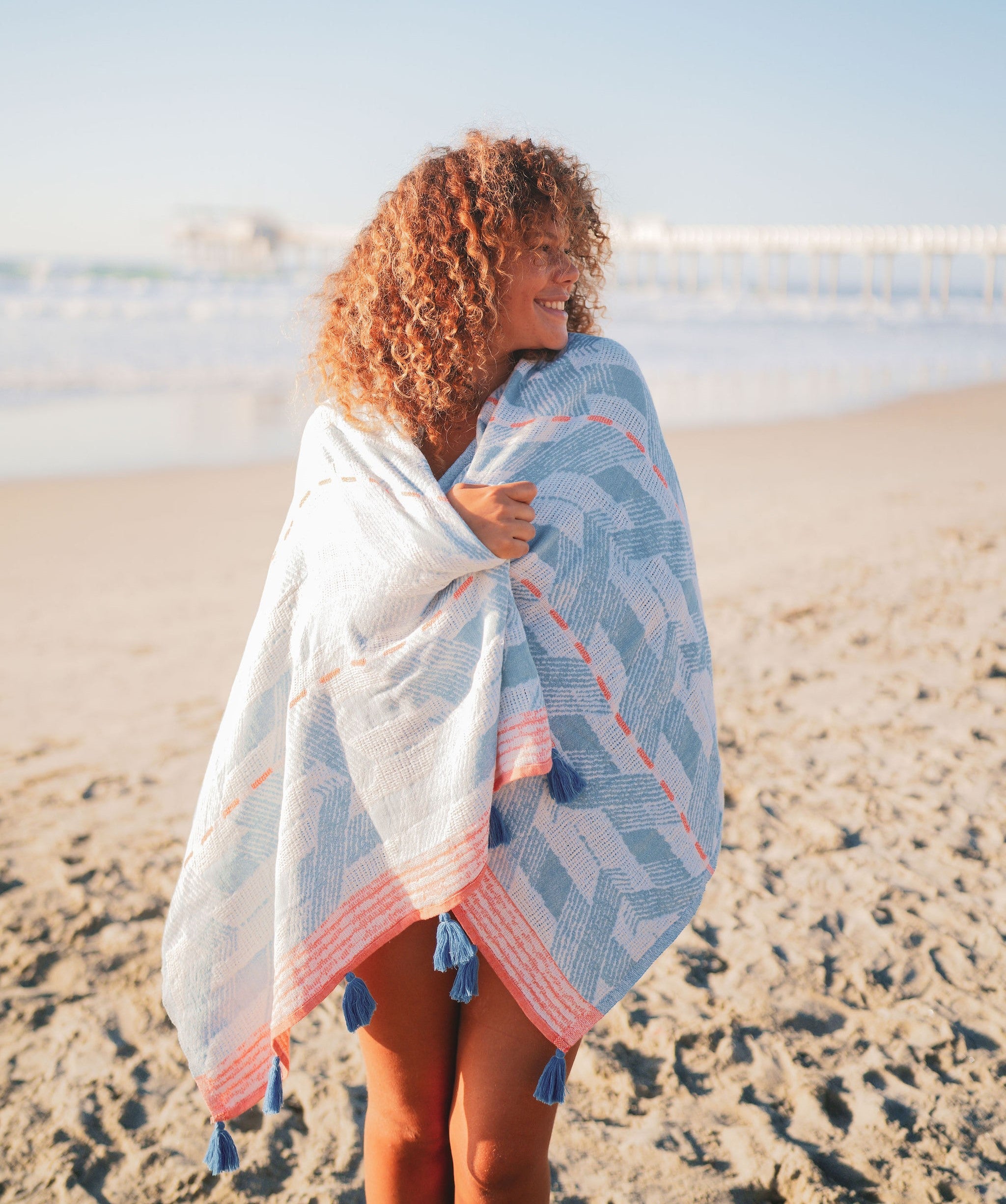 DAMASK BLUE POMPOM TURKISH TOWEL-Turkish Towel-DECOROLALA