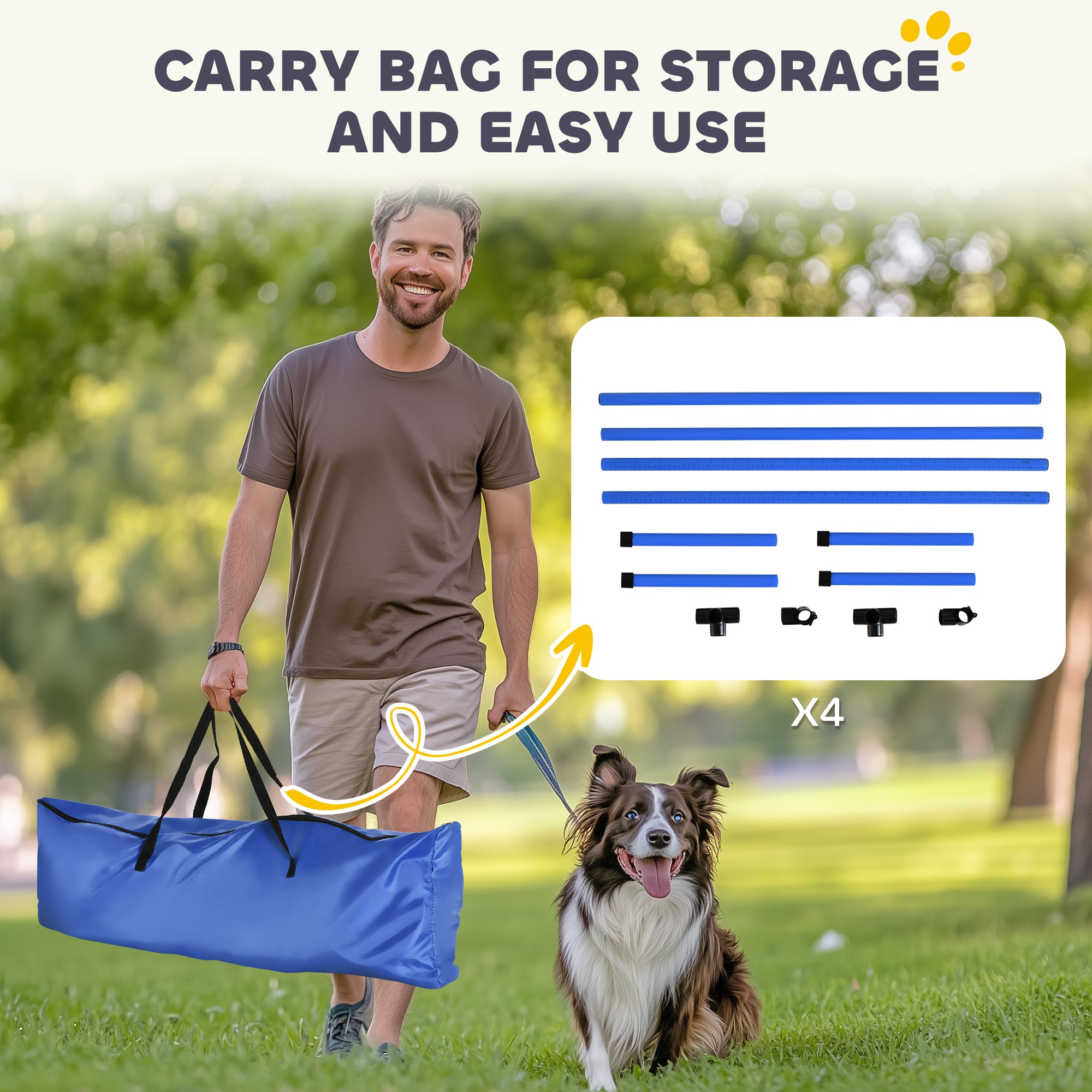 Ensemble de 4 équipements d’entraînement à l’agilité pour chiens, barre de saut réglable, kit d’exercice pour animaux avec sac de transport (Bleu)