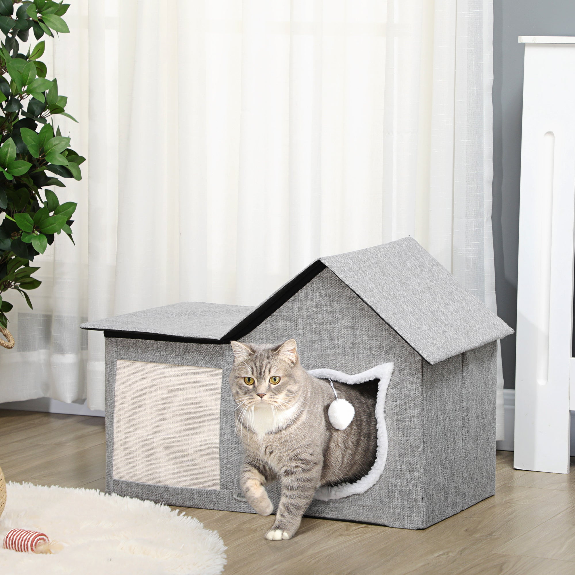 Large Cat Bed for Indoor, Cat House Hideaway with Soft Cushion, Scratching Pad, Dangling Ball, Dual Entrances, Grey