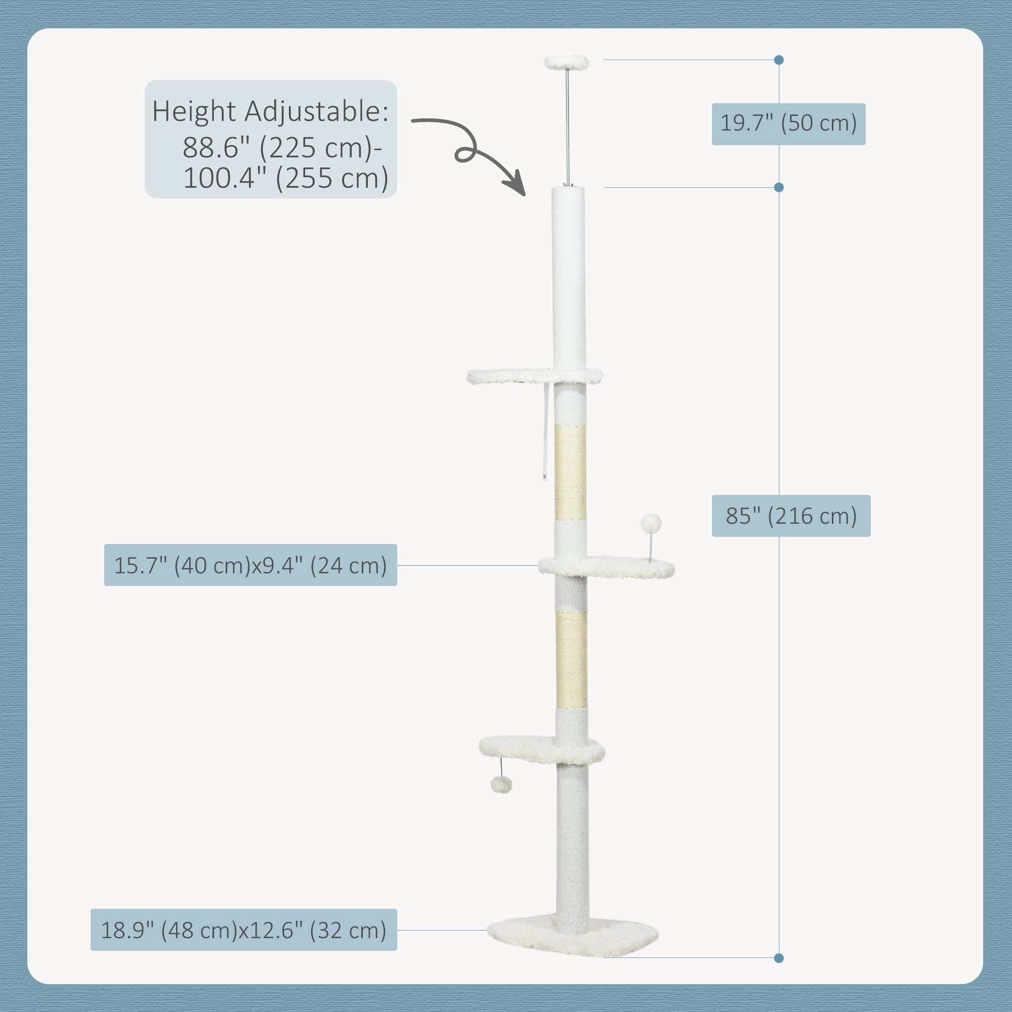 88.5"-100.5" Floor to Ceiling Cat Tree, Cat Tower with Scratching Posts, Cloud Shaped Platforms, Dangling Balls, White