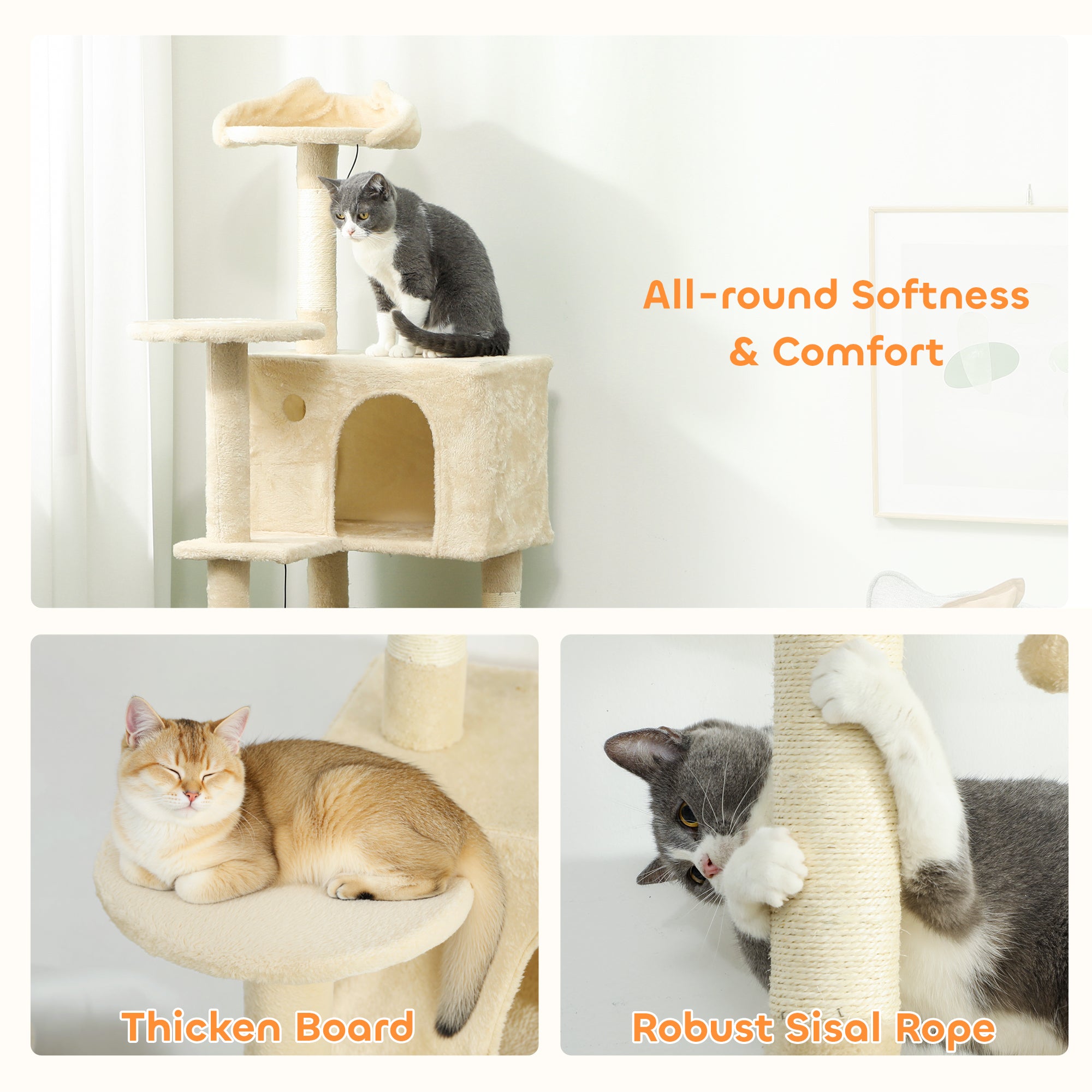 63 Inch Cat Tree with Sisal Scratching Posts, Condos, Plush Perches, Hammock, Ladder, Dangling Balls, Beige