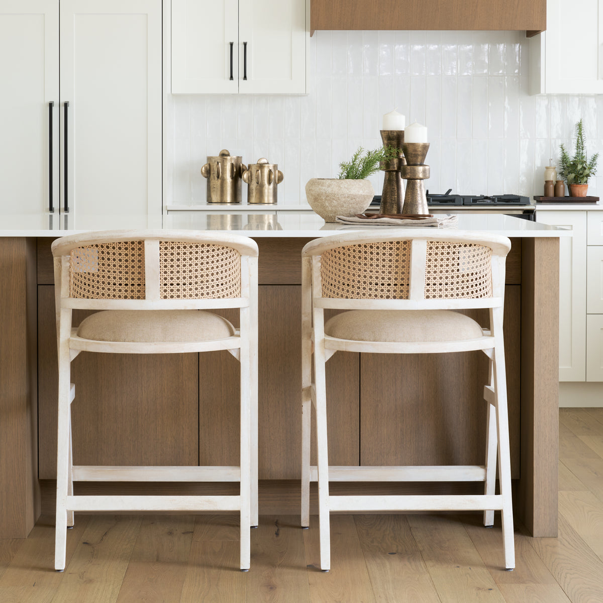 Tabitha 26.75" Seat Height Beige Fabric/Rattan Seat Blonde Wood Frame Counter Stool-Bar Stools-DECOROLALA