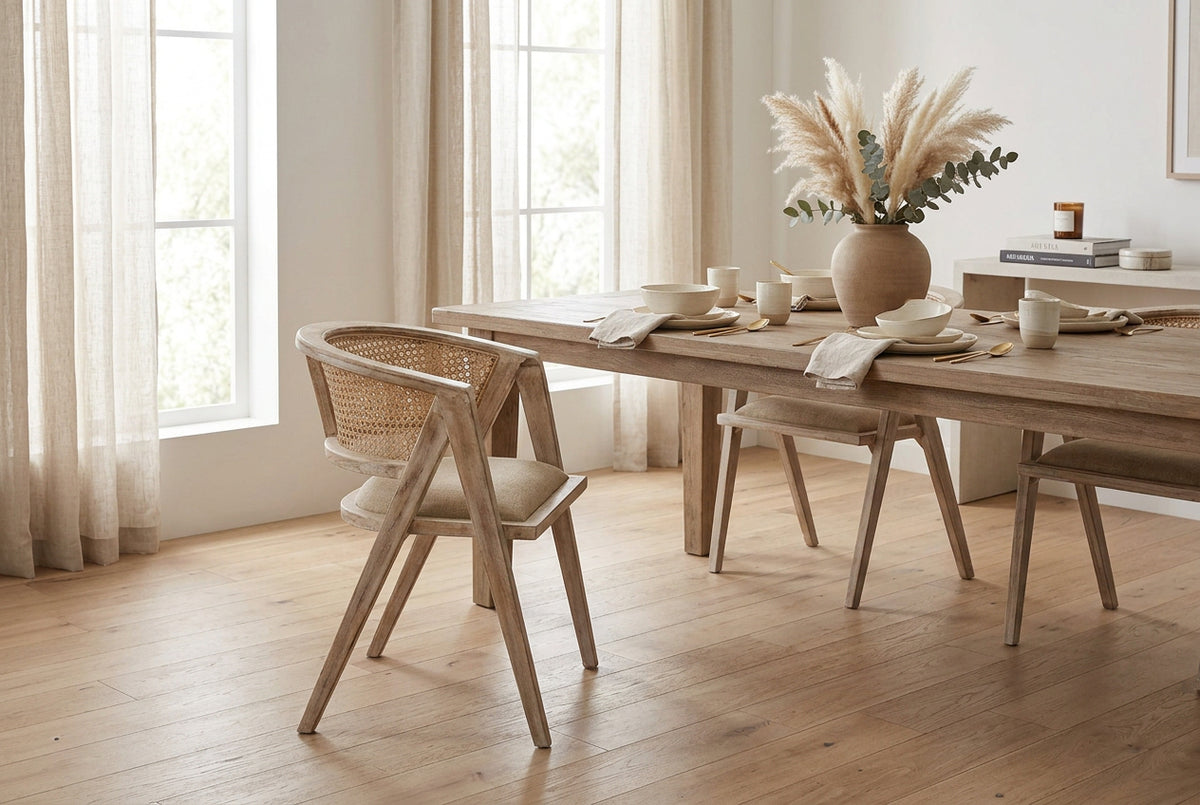 Tabitha Cane Back Dining Arm Chair | Polyester w/ Blonde Wooden-Dining Chairs-DECOROLALA