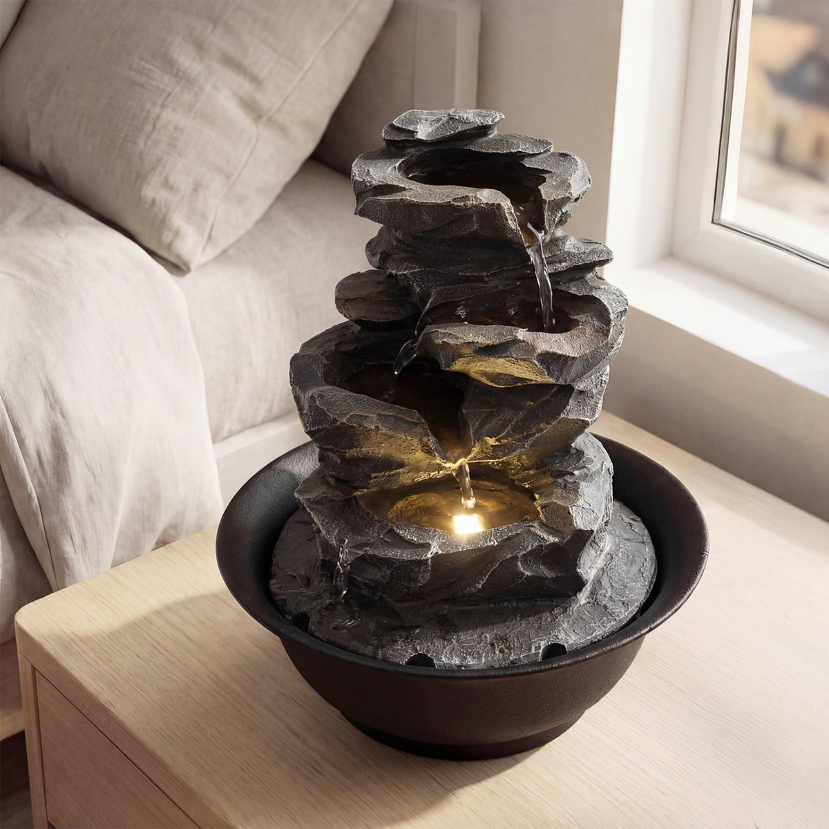 Tabletop Water Fountain with LED Light Indoor Desktop Cascading Water ...