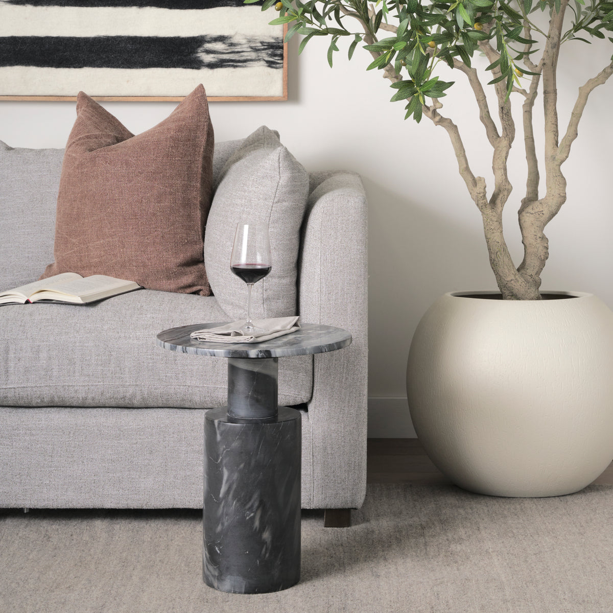 Taite Solid Dark Gray Marble Pedestal Accent Table-Accent Tables-DECOROLALA