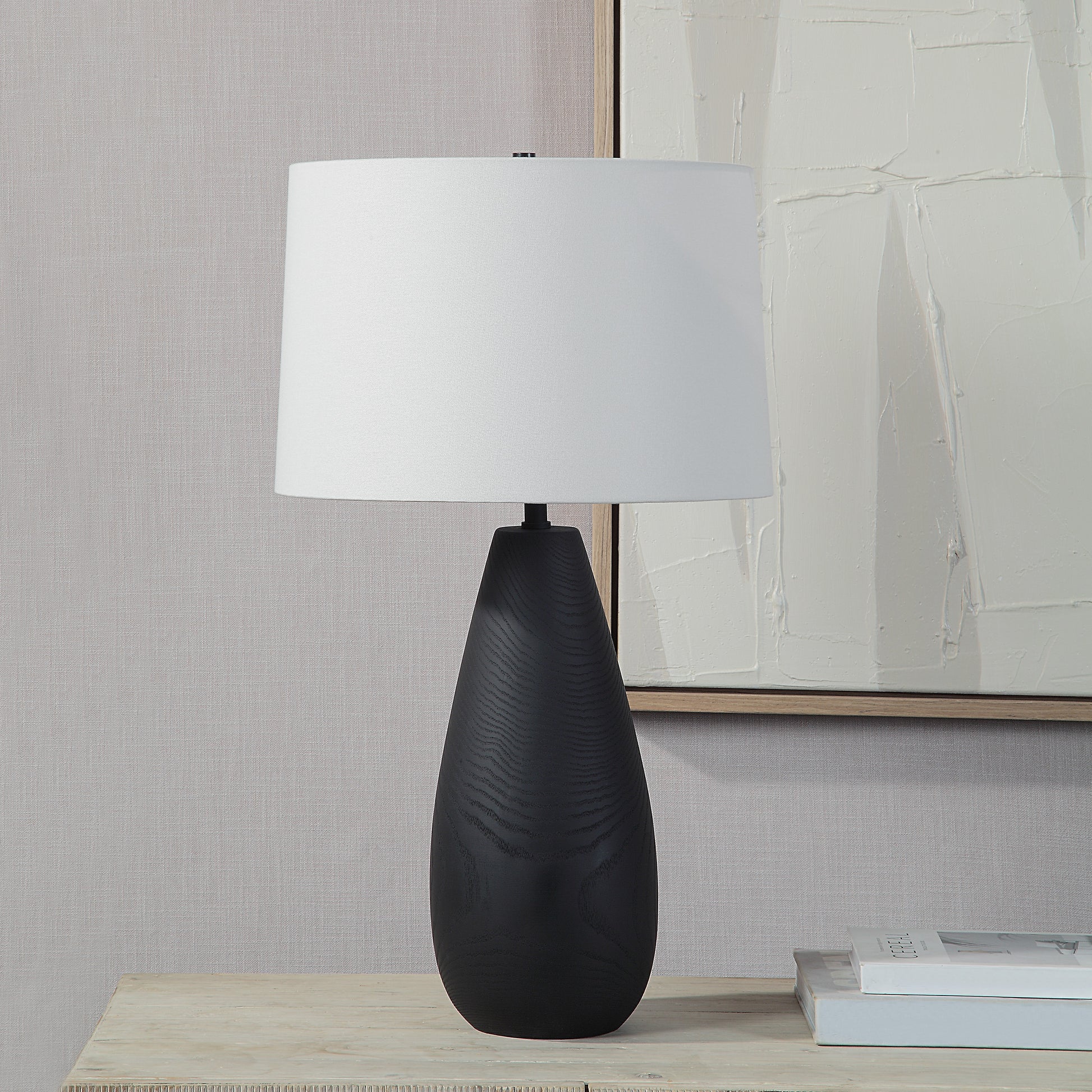 Tala 30" Tall Powder Coated Matte Black Iron Table Lamp with Tapered Linen Shade-Table Lamp-DECOROLALA