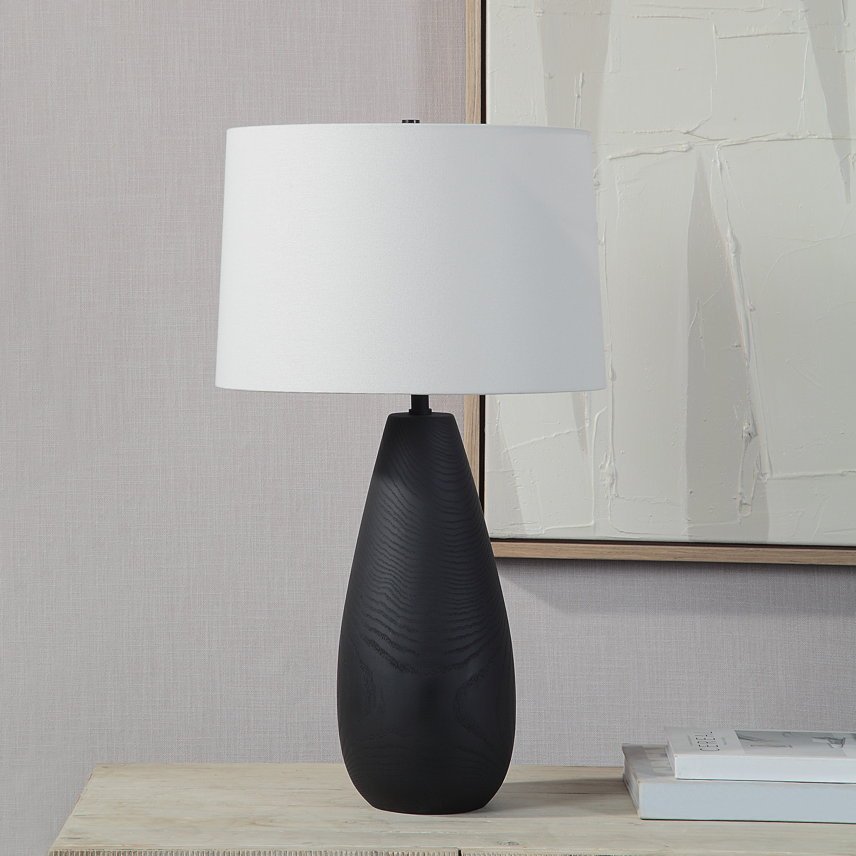 Tala 30" Tall Powder Coated Matte Black Iron Table Lamp with Tapered Linen Shade-Table Lamp-DECOROLALA