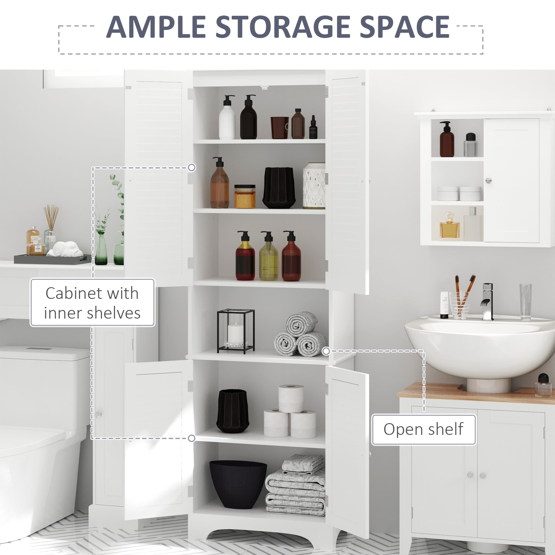 Tall Bathroom Cabinet 4 Shutter Doors White-DECOROLALA
