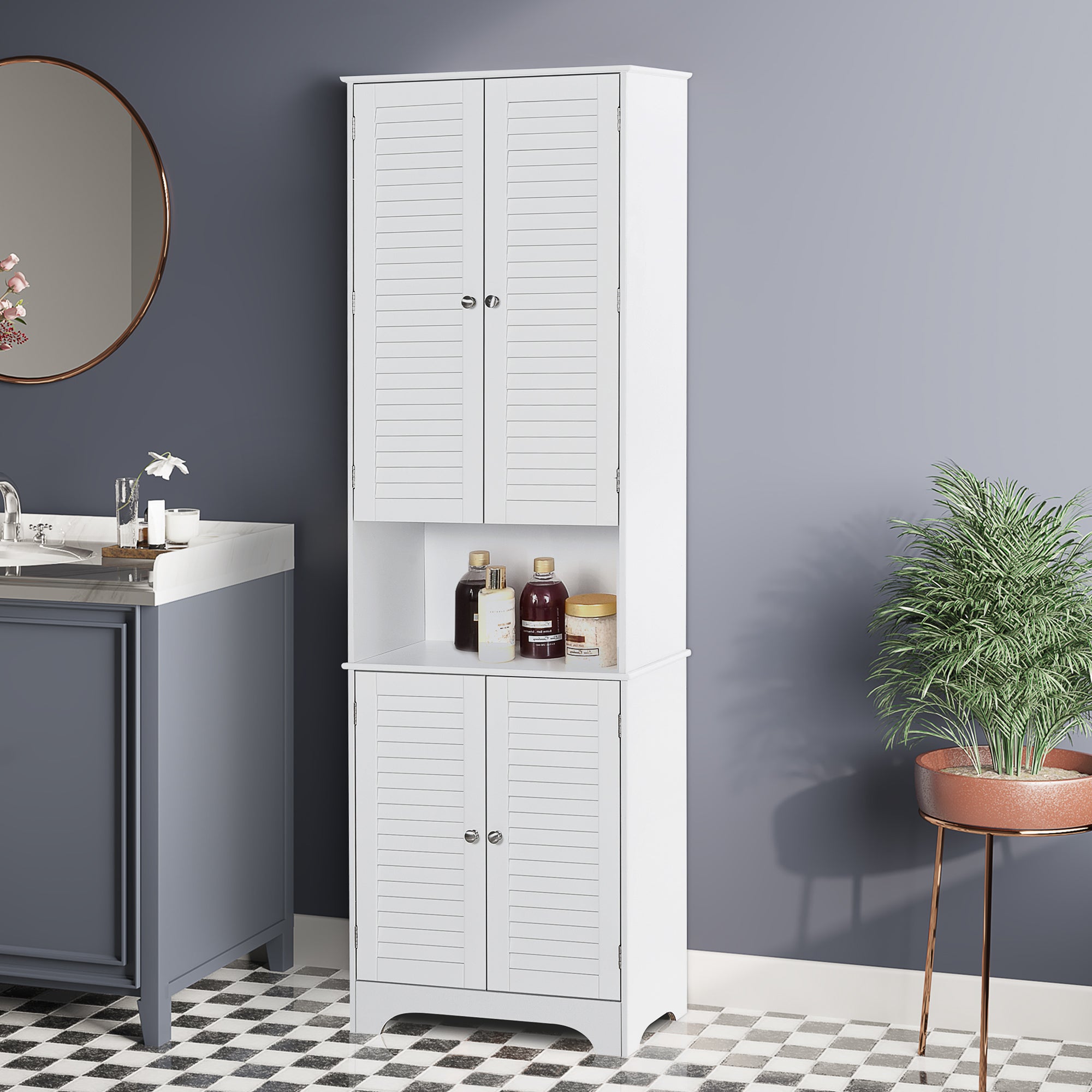 Tall Bathroom Cabinet 4 Shutter Doors White-DECOROLALA