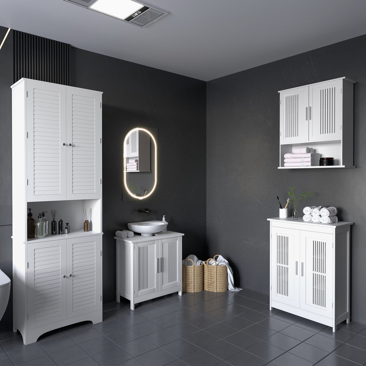 Tall Bathroom Cabinet 4 Shutter Doors White-DECOROLALA