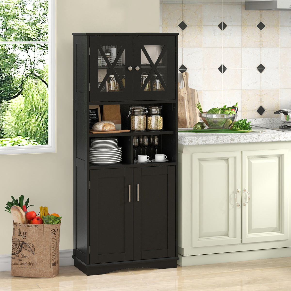 Tall Bathroom Cabinet - Black 57" Floor Storage with Acrylic Doors-Floor Cabinets-DECOROLALA