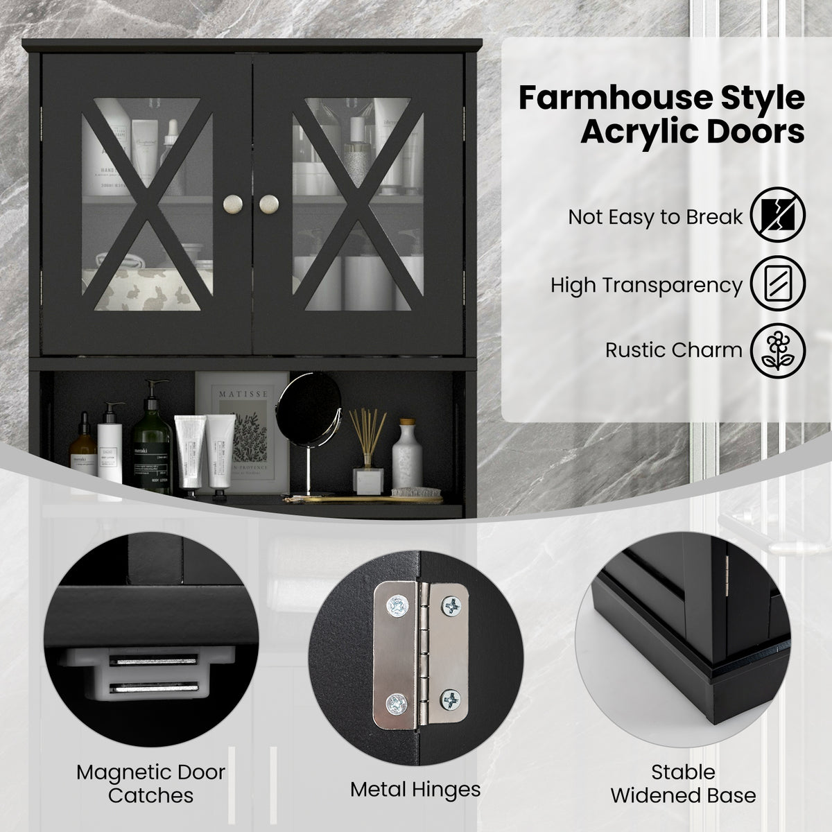 Tall Bathroom Cabinet - Black 57" Floor Storage with Acrylic Doors-Floor Cabinets-DECOROLALA