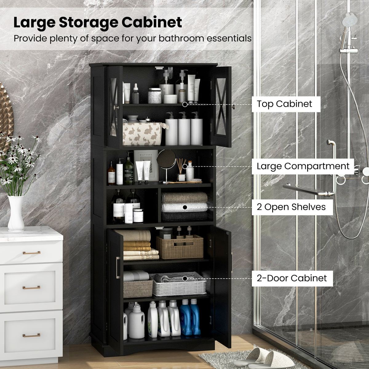 Tall Bathroom Cabinet - Black 57" Floor Storage with Acrylic Doors-Floor Cabinets-DECOROLALA