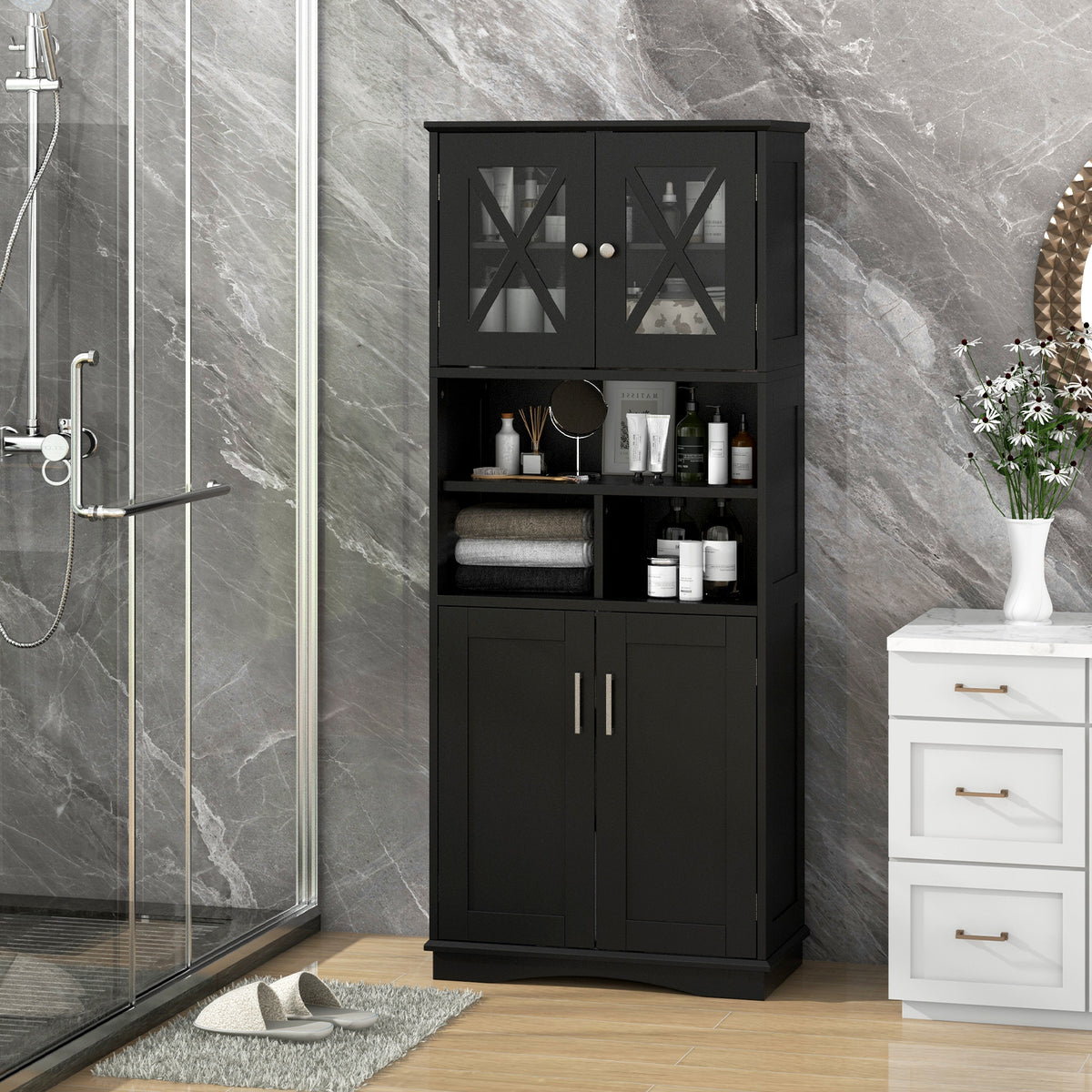 Tall Bathroom Cabinet - Black 57" Floor Storage with Acrylic Doors-Floor Cabinets-DECOROLALA