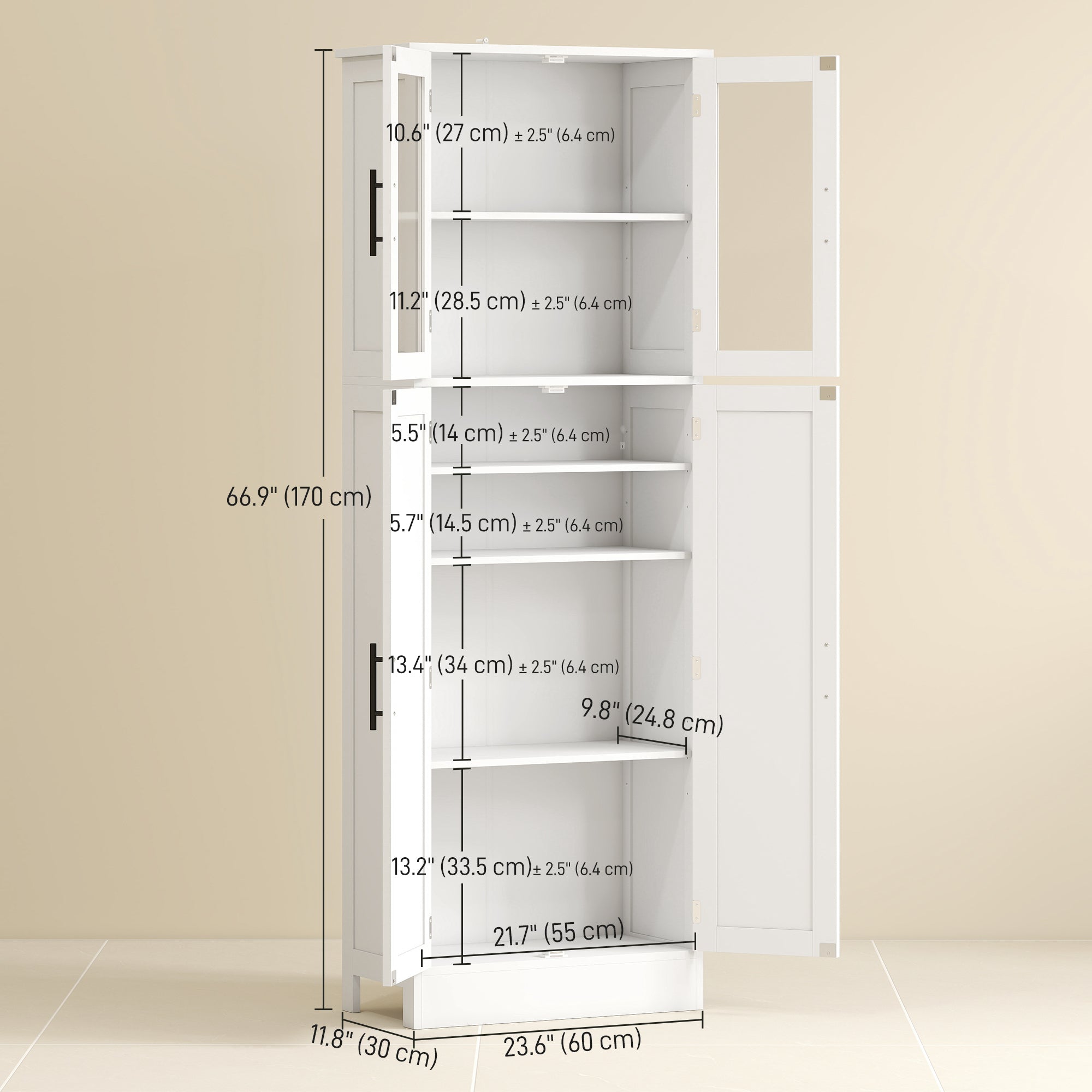 Tall Bathroom Cabinet with Glass Doors, Adjustable Shelves, White-DECOROLALA