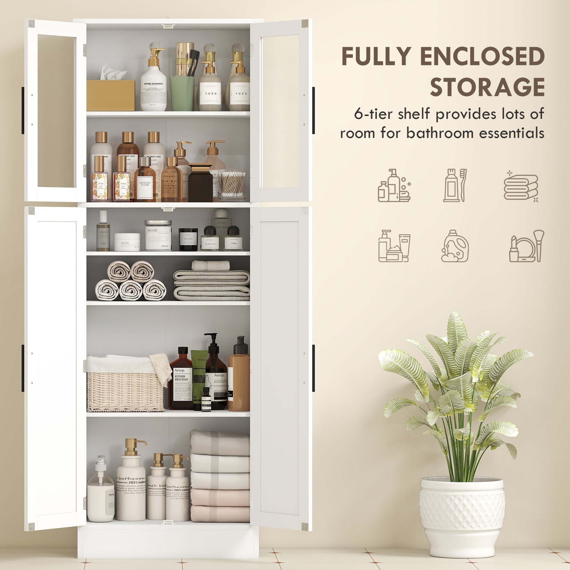 Tall Bathroom Cabinet with Glass Doors, Adjustable Shelves, White-DECOROLALA