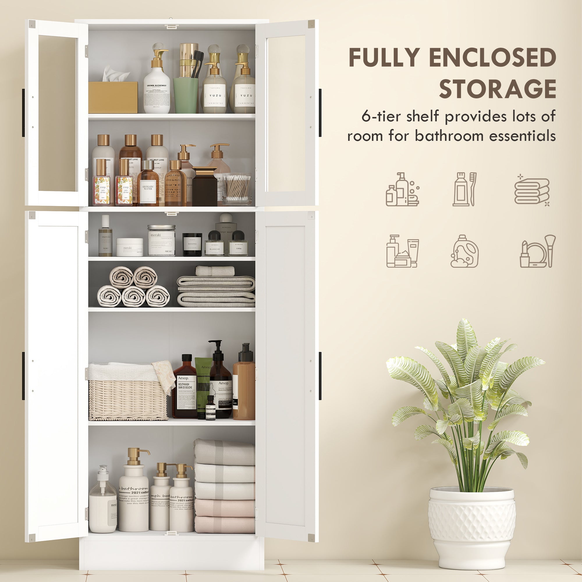 Tall Bathroom Cabinet with Glass Doors, Adjustable Shelves, White-DECOROLALA