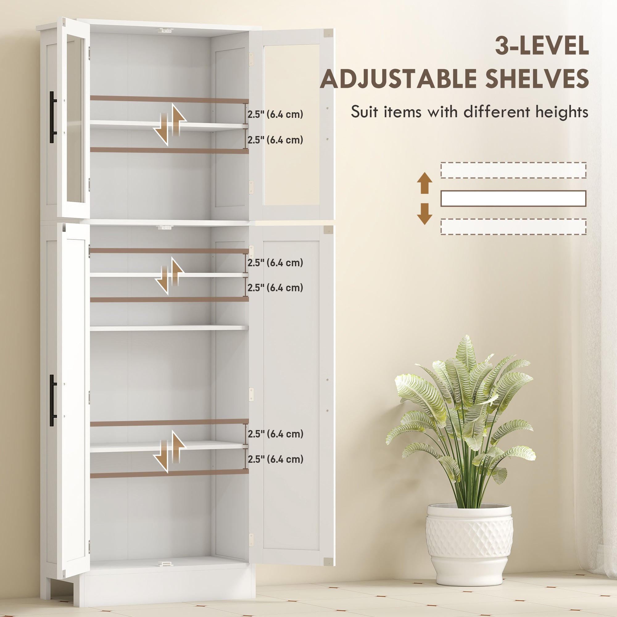 Tall Bathroom Cabinet with Glass Doors, Adjustable Shelves, White-DECOROLALA