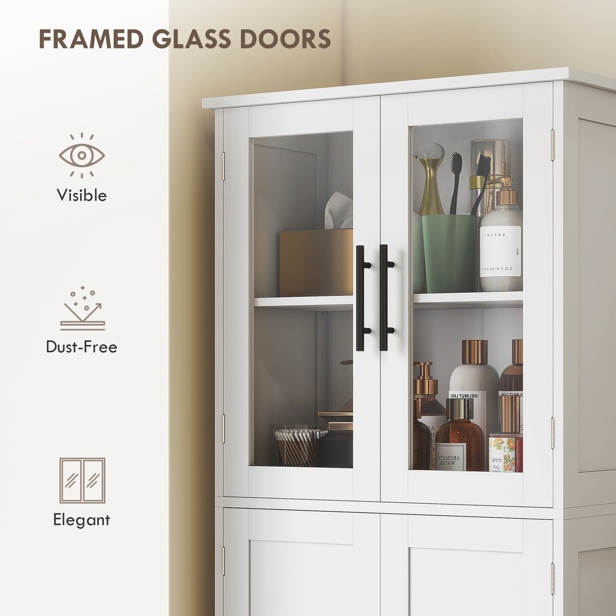 Tall Bathroom Cabinet with Glass Doors, Adjustable Shelves, White-DECOROLALA