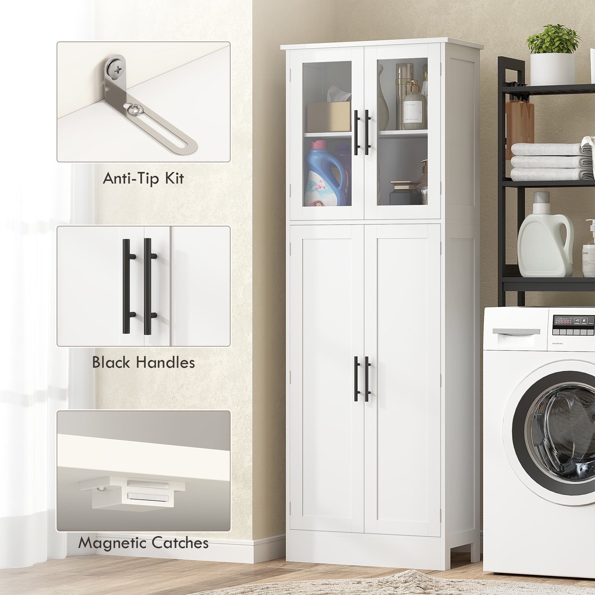 Tall Bathroom Cabinet with Glass Doors, Adjustable Shelves, White-DECOROLALA
