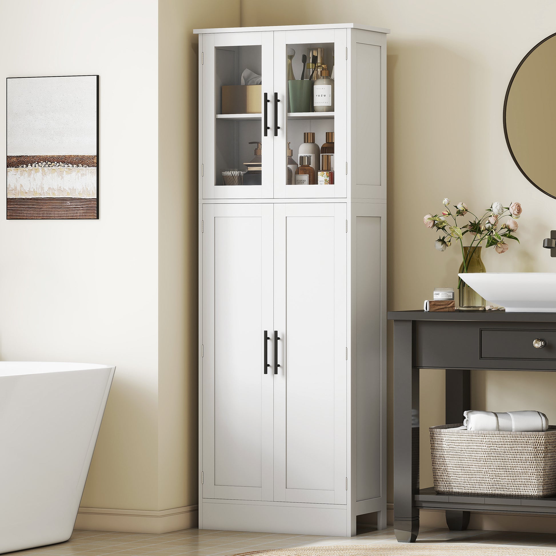 Tall Bathroom Cabinet with Glass Doors, Adjustable Shelves, White-DECOROLALA