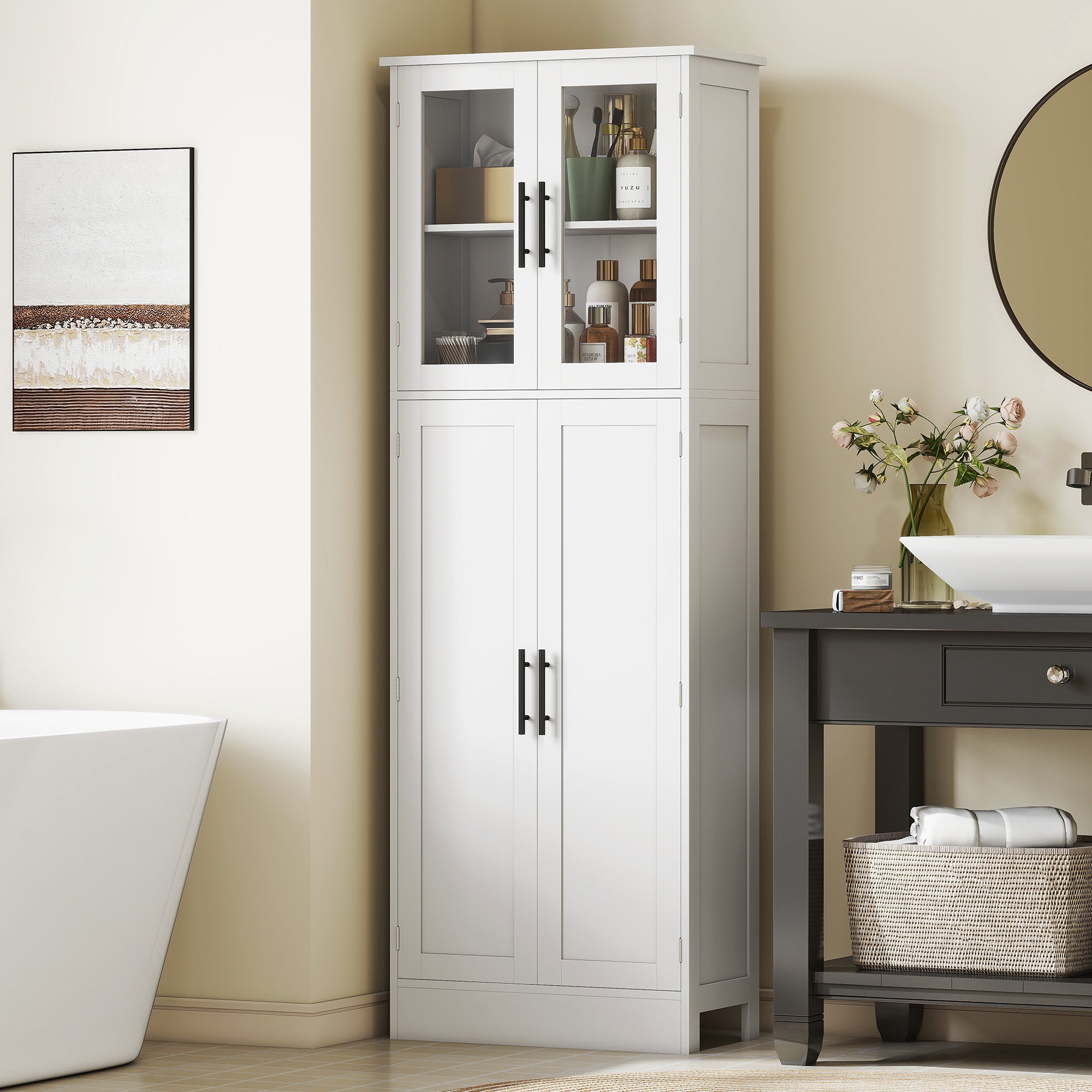 Tall Bathroom Cabinet with Glass Doors, Adjustable Shelves, White-DECOROLALA