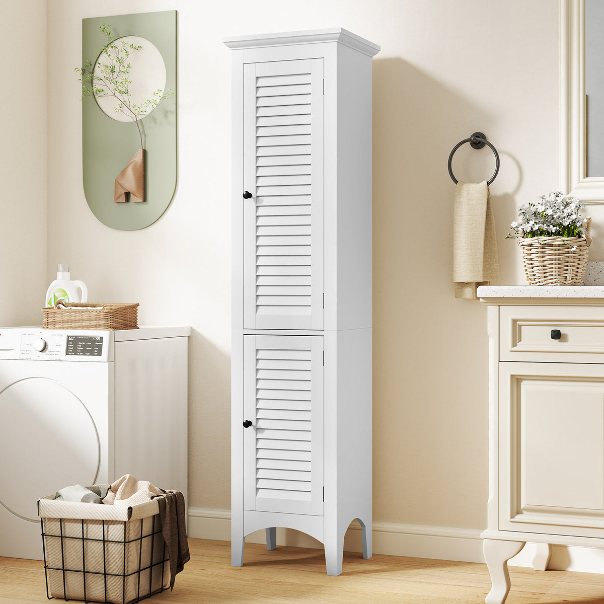 Tall Bathroom Floor Cabinet - 63" White Shutter Door Storage-Floor Cabinets-DECOROLALA