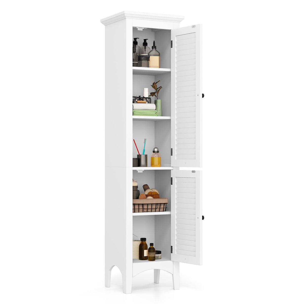 Tall Bathroom Floor Cabinet - 63" White Shutter Door Storage-Floor Cabinets-DECOROLALA